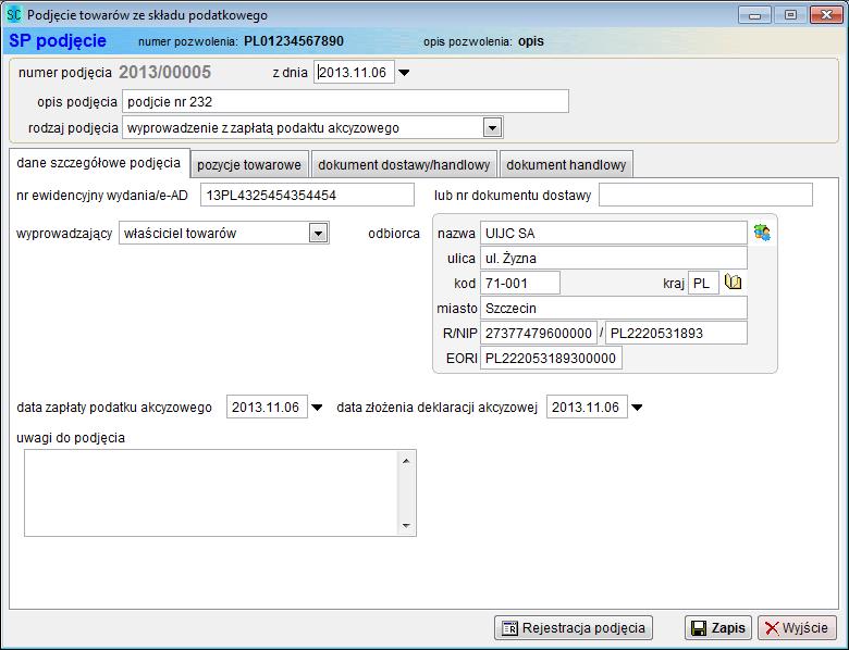7.1 Nowe podjęcie towarów SP Po wybraniu na liście dokumentów WZ funkcji <Dodaj>, na ekranie wyświetlane jest okno z danymi podjęcia. Pola podjęcia należy wypełnić zgodnie z poniższymi uwagami.
