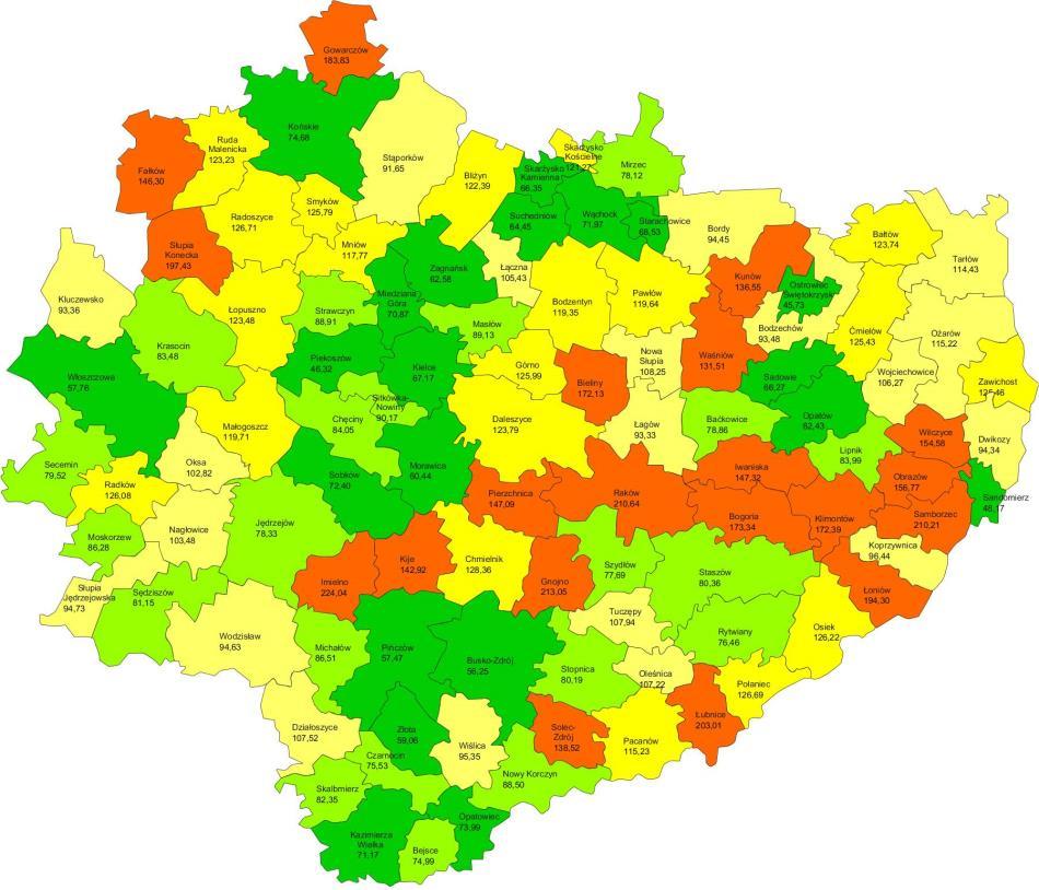 Tabela 5. Wskaźnik deprywacji lokalnej w powiatach województwa świętokrzyskiego 2015 i 2016 rok Powiat Wskaźnik deprywacji lokalnej Zmiana w stosunku do 2015 roku Wartości wskaźnika *1,2 2015r. 2016r.