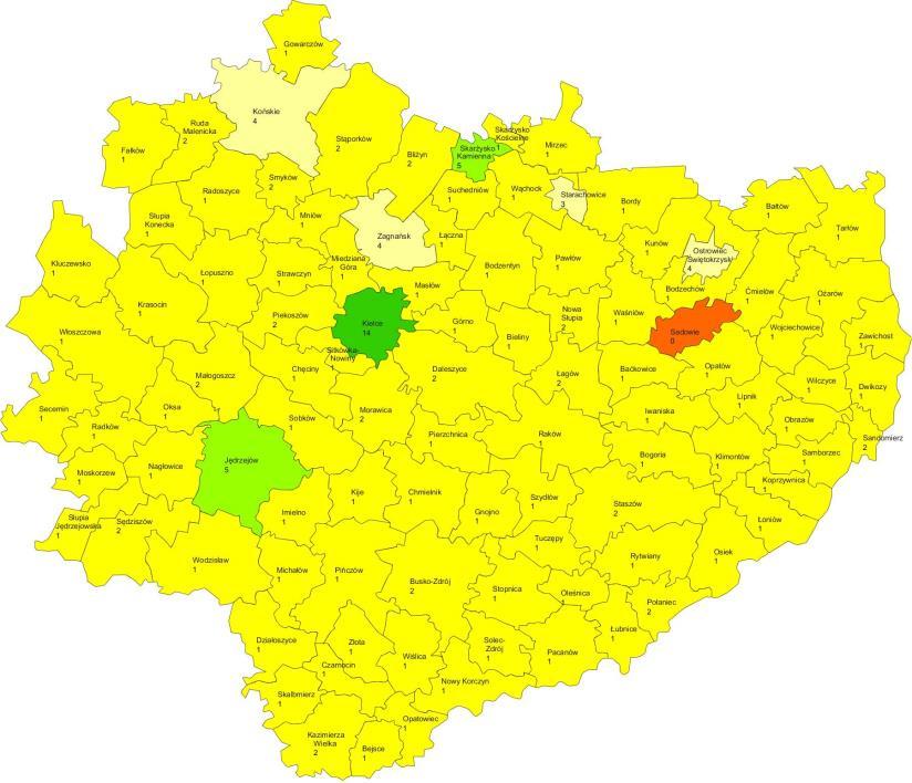 Źródło: opracowanie własne ROPS. Mapa 4. Liczba asystentów rodziny w 2016 roku wg gmin regionu świętokrzyskiego Źródło: Opracowanie własne na podstawie OZPS.