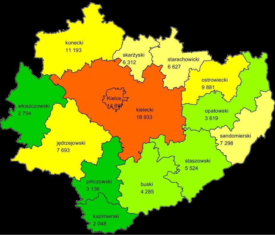 Liczba osób, którym udzielono pomocy i wsparcia wg powiatów regionu świętokrzyskiego w 2016 roku. Źródło: Opracowanie własne na podstawie CAS.