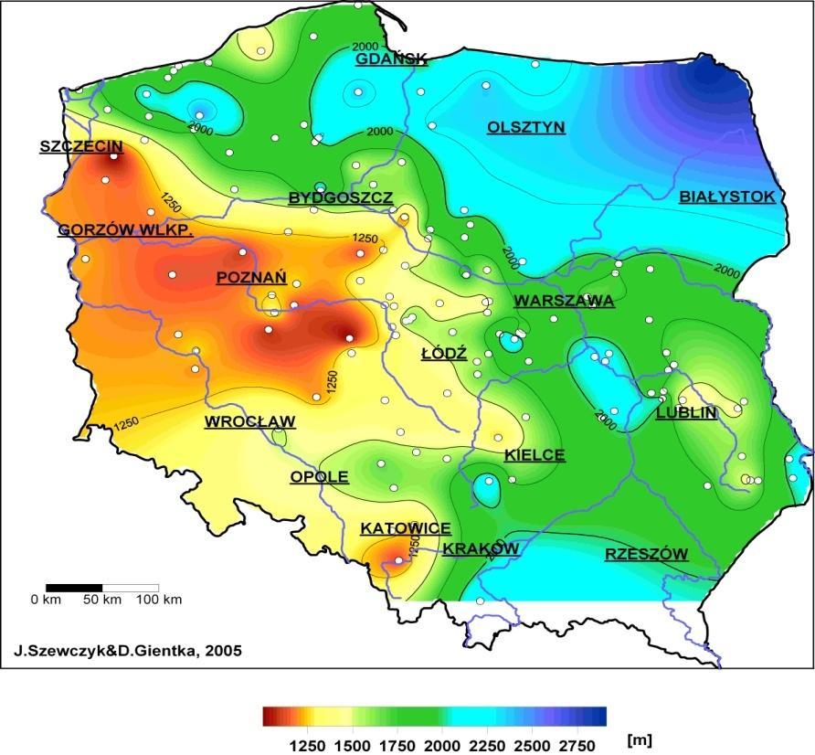 Gorące wody w POLSCE Głębokość występowania izotermy +50 0 C W naszym kraju istnieją bogate zasoby energii geotermalnej.