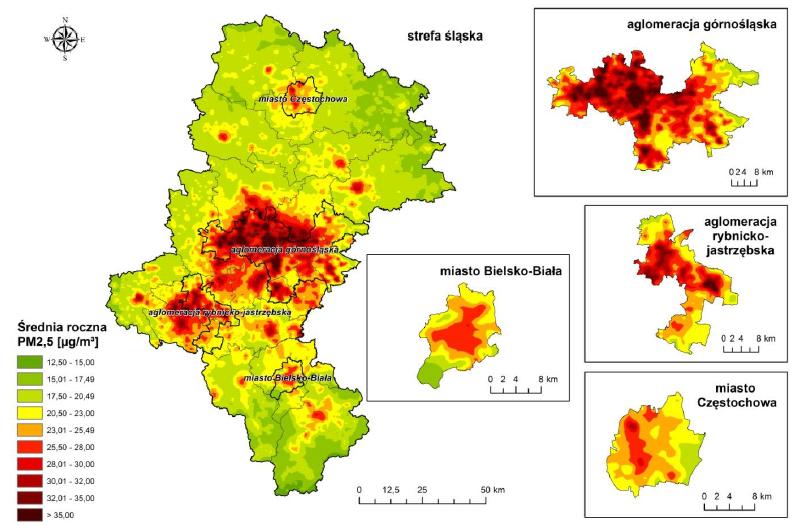 Rysunek 4.4 Obszary przekroczeń średnich stężeń rocznych pyłu PM2.