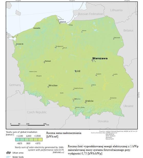 Rysunek 7 Potencjał produkcji energii elektrycznej i suma nasłonecznienia w Polsce Źródło: mapy PVGIS Instytut Energii i Transportu (IET) VII.4.