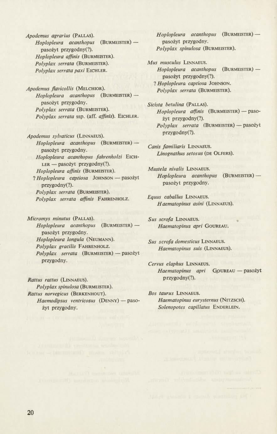 Apodemus agrarius (Pallas). Hoplopleura acanthopus (Burmeister) pasożyt przygodny(?). Hoplopleura affinis (B urmeister). Polyplax serrata (Burmeister). Polyplax serrata paxi E ichler.