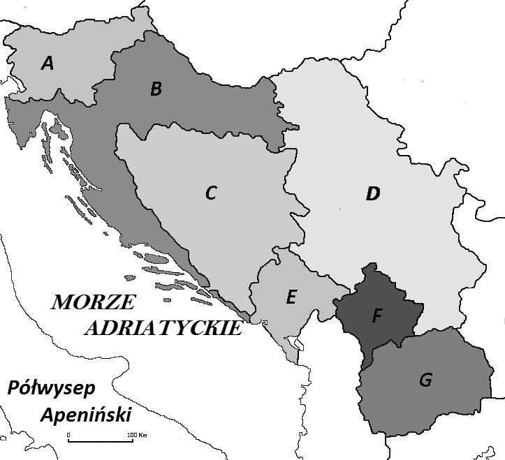 Zadanie 12. /0-5 p./ Mapa przedstawia państwa po rozpadzie Jugosławii.