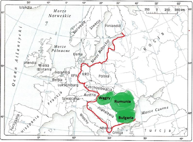 ZADANIA 1. Przyjrzyj się mapie i odpowiedz na pytania. 1. Zaznacz czerwoną linią granicę nazywaną żelazną kurtyną? 2.