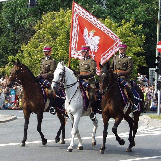 oraz równocześnie w formie flagi na koniu (sic!). Konny poczet flagowy z Proporcem prezydenta Rzeczypospolitej wystawiony przez Szwadron Reprezentacyjny WP podczas defilady w 2007 r.
