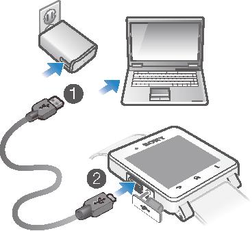 Jak naładować zegarek SmartWatch 2 1 Podłącz jeden koniec przewodu USB do ładowarki lub do portu USB komputera. 2 Podłącz drugi koniec przewodu do portu Micro USB w zegarku SmartWatch 2.