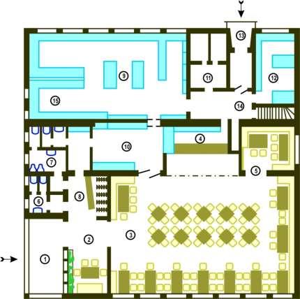 FUNKCJONALNOŚĆ POMIESZCZEŃ 1. przedsionek 2. hall 3. sala konsumencka 4. bar lub bufet 5. vip-room 6. toaleta damska 7. toaleta męska 8. szatnia 9. kuchnia 10. rozdzielnia kelnerska 11.