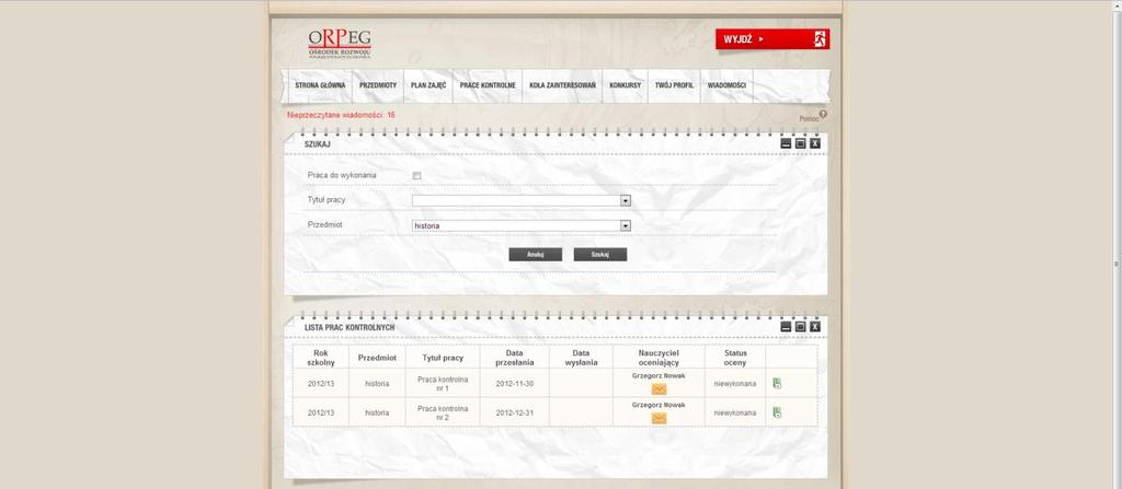 Istnieje możliwość wyboru pracy z konkretnego przedmiotu przez wyszukiwarkę prac kontrolnych.