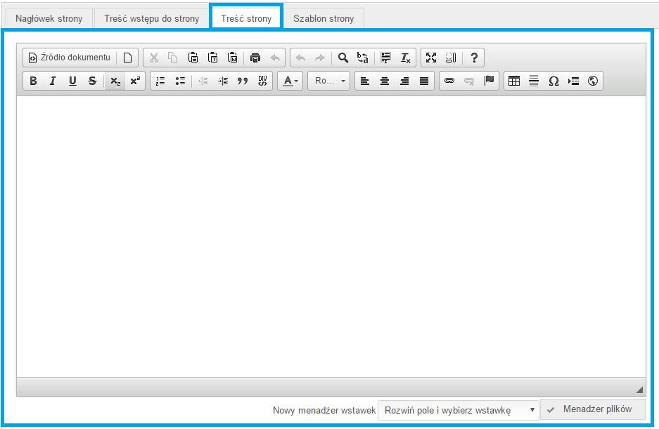 3) Treść strony W zakładce tej znajduje się treść nowej strony. Wpisz tekst, wklej tekst z programu MS Word lub innego edytora.
