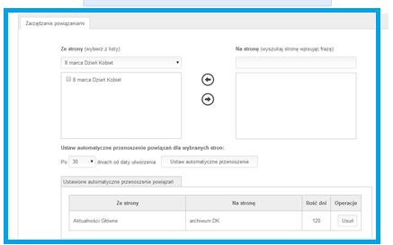 11) Zarządzanie powiązaniami Za pomocą tej funkcji możliwe jest np. przeniesienie wybranej Aktualności do strony Archiwum lub porządkowanie istniejących powiązań w ramach strony www.