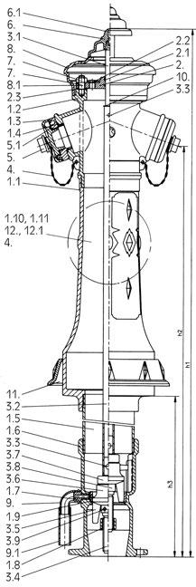 HYDRANT NADZIEMNY STAROMIEJSKI EURO 2000-RW 0 sztywny, PN 16 Nr kat. 265 Wykonanie: GGG Części składowe Materiał 1.1 Kolumna GGG 400 1.2 Głowica GGG 400 1.3 Nasada B (75 mm) Al 1.