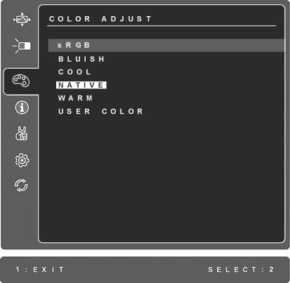 Element Obja nienie Color Adjust (Regulacja kolorów) oferuje kilka opcji regulacji kolorów: ustawione fabrycznie temperatury kolorów oraz User Color (Indywidualne ustawienia koloru) pozwalaj ce