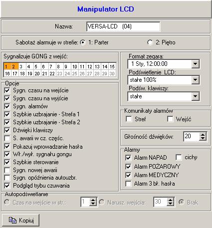 46 Instrukcja programowania SATEL 7.1 Manipulator VERSA-LCD-GR / VERSA-LED-GR Rys. 13. Programowanie ustawień manipulatora w programie DLOADX (przykładowa konfiguracja).