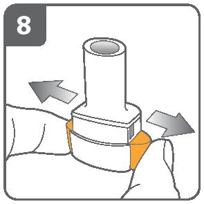 Przekłuć kapsułkę: Trzymać inhalator pionowo ustnikiem do góry. Przekłuć kapsułkę poprzez mocne jednoczesne naciśnięcie bocznych przycisków. Czynność tą należy wykonać tylko raz.
