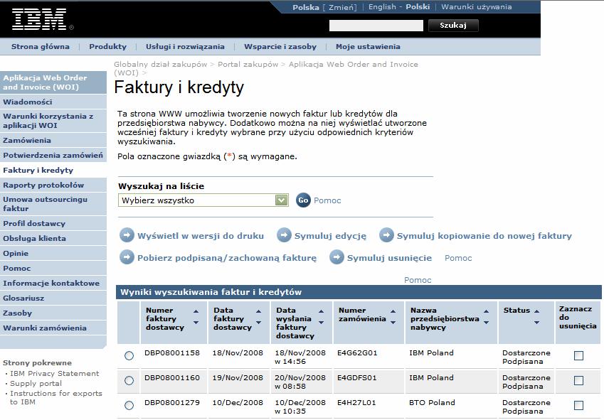 Faktura została przesłana do IBM, a aplikacja WOI powróciła na główny