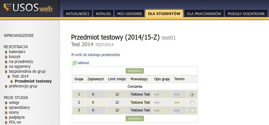 przedmiot należy kliknąć w przycisk, otworzy się okno z listą grup zajęciowych tego przedmiotu z informacją o limicie miejsc, prowadzącym, liczbie