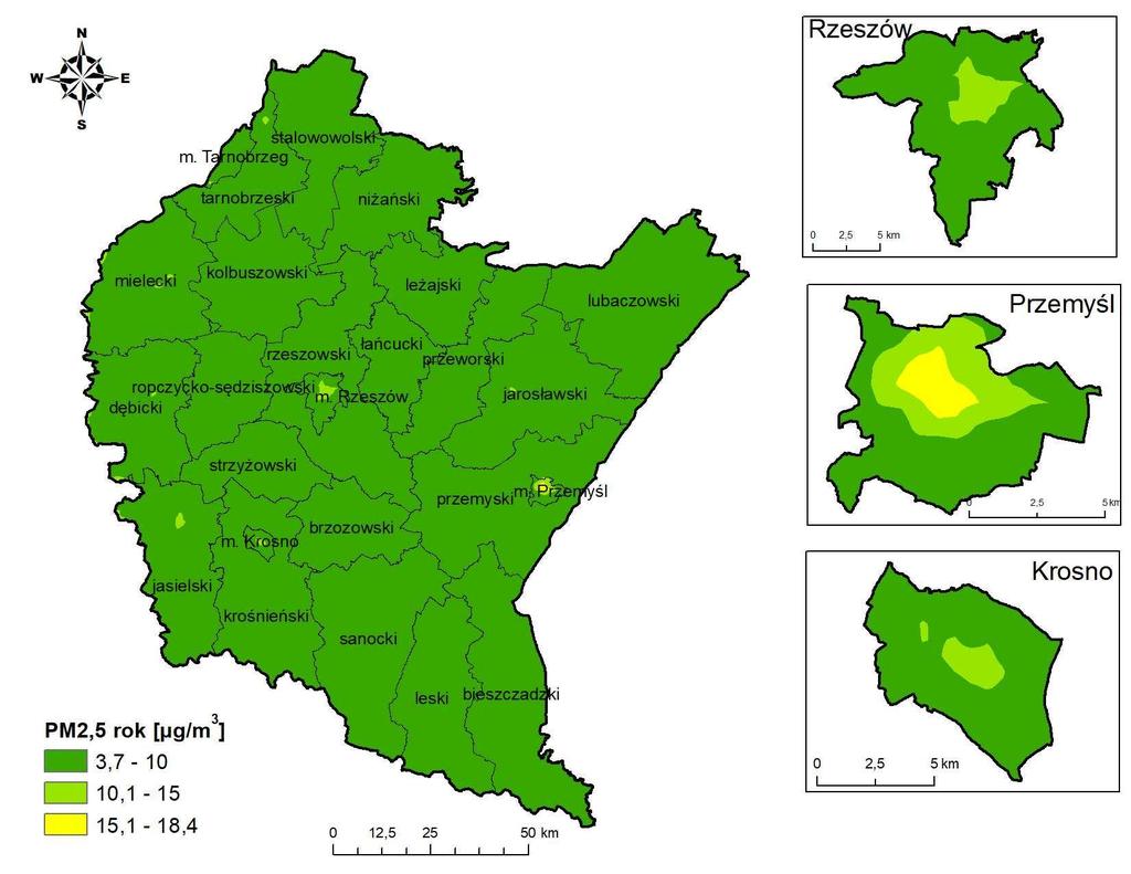 Rysunek 4-7 Stężenia pyłu zawieszonego PM2,5 rok na terenie województwa podkarpackiego wariant 1 Wymiana starych kotłów węglowych na nowe z automatycznym podajnikiem paliwa w zabudowie jednorodzinnej