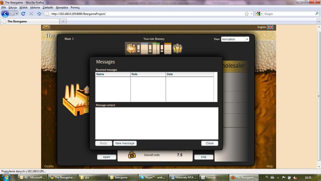 Gracz może przesyłać informacje do Administratora, klikając w kopertę w lewym górnym rogu.