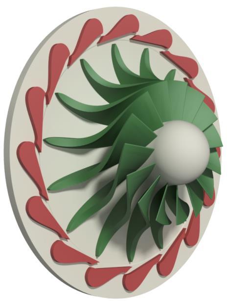 Sparametryzowano model łopatki wirnika turbiny promieniowo-osiowej - rozkład kąta łopatkowego wzdłuż linii szkieletowej łopatki oraz zmiana obrysu górnego i dolnego.