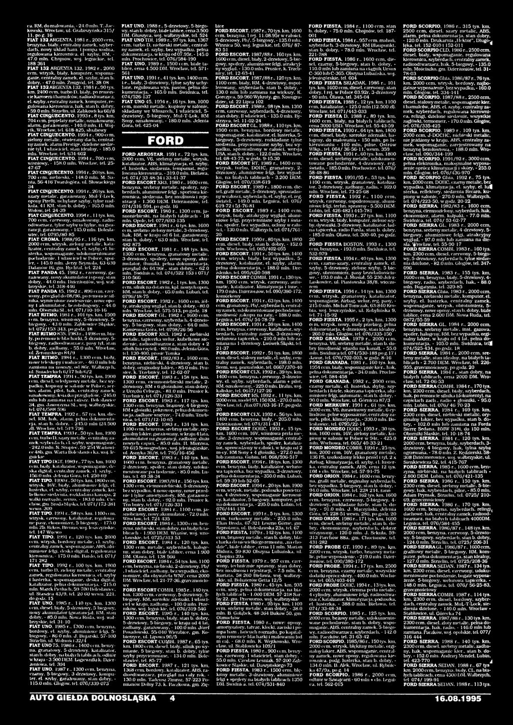 oznakowany, alarm, garażowany. - 140.0 min. 11. Wójcik. Wroclaw, tel. 618-825. służbowy FIAT CINQUECENTO. 1994 r.. 9 0 0 ccm. zielony metalic, otwierany dach. centralny Zamek.