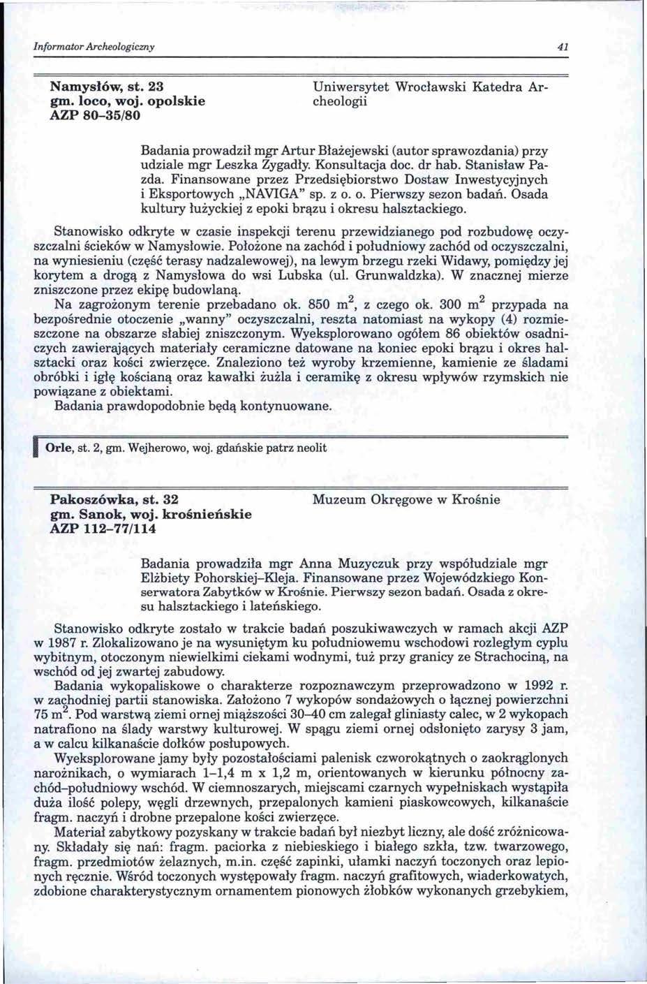 Informator Archeologiczny 41 Namysłów, st. 23 gm. loco, woj.