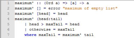Implementacja w języku Haskell Pierwszy warunek końcowy zwraca błąd jeśli nasza lista jest pusta. W wypadku jeśli jest to lista jednoelementowa - wynikiem będzie ten jeden element.