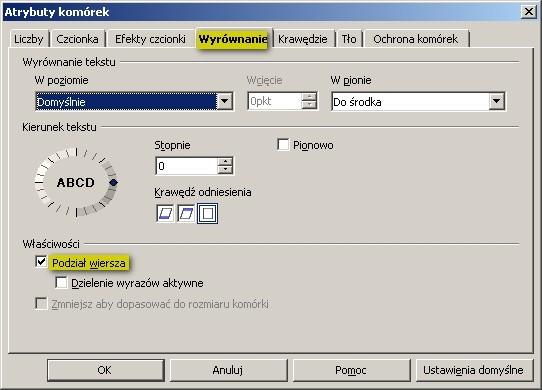 >> Komórki >> karta Wyrównywanie >> Zawijaj wiersze, Excel 2007: karta Narzędzia główne >> grupa Wyrównanie, przycisk