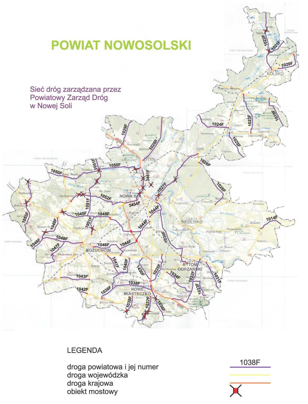 Rysunek 7 Drogi powiatowe na terenie NSOF Źródło: PZD w Nowej Soli Na koniec 2008 roku, w granicach powiatu nowosolskiego było 218,2 km dróg powiatowych o twardej nawierzchni, w