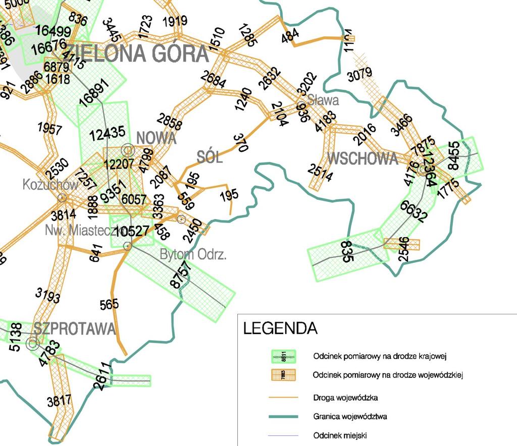 Rysunek 9 Natężenie ruchu na sieci dróg na analizowanym obszarze Źródło: GDDKiA Oddział w Zielonej Górze Rzeka Odra dzieli Nowosolski subobszar Funkcjonalny na dwie części, połączone jedną przeprawą