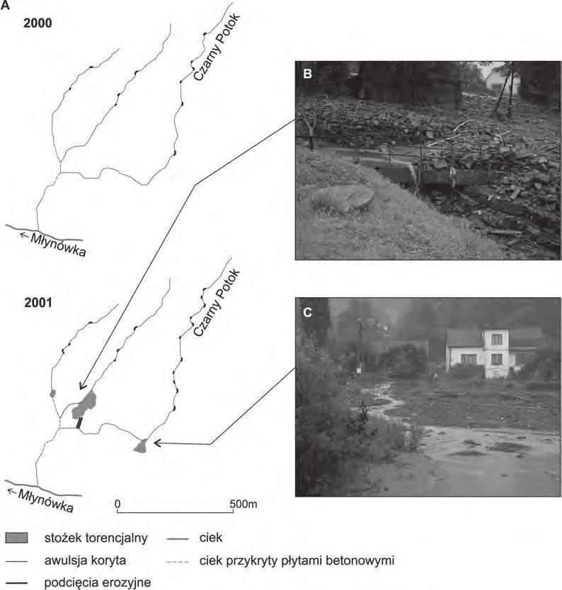 Paweł Franczak, Karolina Listwan-Franczak Ryc. 3. A Przekształcenia geomorfologiczne w zlewni Czarnego Potoku w 2001 r.