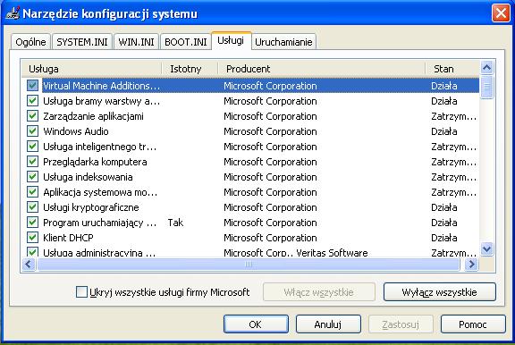 Jakie są opcje uruchamiania? Kliknij zakładki SYSTEM.INI, WIN.INI i BOOT.INI. Te zakładki są do modyfikowania tych plików. Kliknij kartę Usługi.