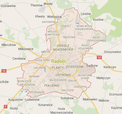 Rysunek 3-2 Mapa komunikacyjna miasta Radomia źródło: www.google.pl Miasto posiada bardzo dobrze rozwiniętą sieć dróg, przez co ułatwiony jest dostęp do ważniejszych sieci komunikacyjnych w regionie.