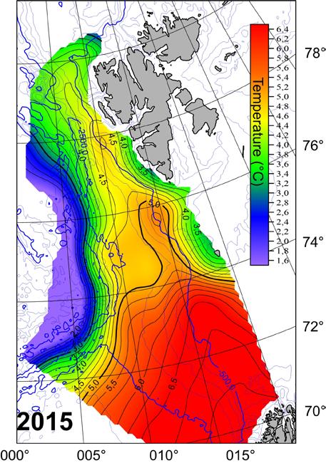 Rys. Temperatura na poligonie AREX na głębokości 100m latem 2015 i 2016.