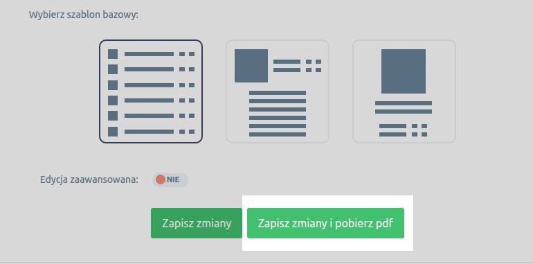 2.3) Generacja oferty Po skonfigurowaniu wszystkich opcji, możemy je zapisać i wygenerować dokument pdf. Aby to zrobić wystarczy kliknąć w przycisk Zapisz zmiany i pobierz PDF.