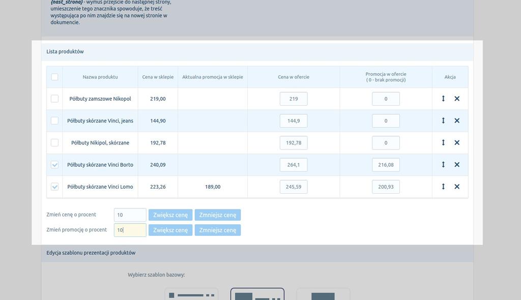 2.2.6) Lista produktów Pod wszystkimi polami służacymi do edycji treści na stronie znajuje się lista wybranych wcześniej produktów.