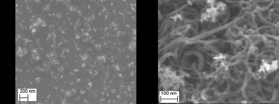 Rys. 90. Zdjęcia palladu/tlenku palladu osadzonego na węglu szklistym (a) oraz na nanorurkach węglowych (b) wykonane przy pomocy skaningowego mikroskopu elektronowego. 8.1.3.