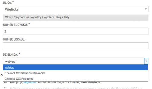 Dzielnica, w której mieszkamy jest wybierana automatycznie na podstawie adresu, jeśli jednak podana ulica przebiega przez kilka