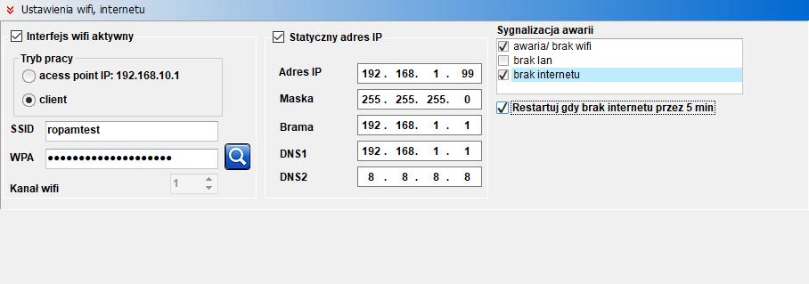 Ustawienia WIFI/LAN (IP statyczny) Adres IP NeoGSM-IP (z poza zakresu DHCP i inny niż ustawione inne na stałe np. drukarki!). Przykładowy router: - IP routera: 192.