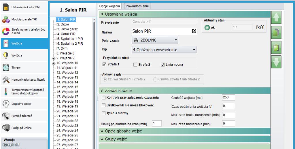 Wejścia: opcje. Kopiuj ustawienia z danego wejścia. Wklej ustawienia (zmień nazwę, typ ) Wejście przydzielone do dwóch stref może być : AND lub OR.