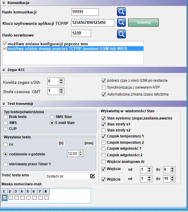 Komunikacja, zegar, testy łączności Hasła, komunikacji, serwisowe, klucz TCP/IP, zezwolenie na zdalne