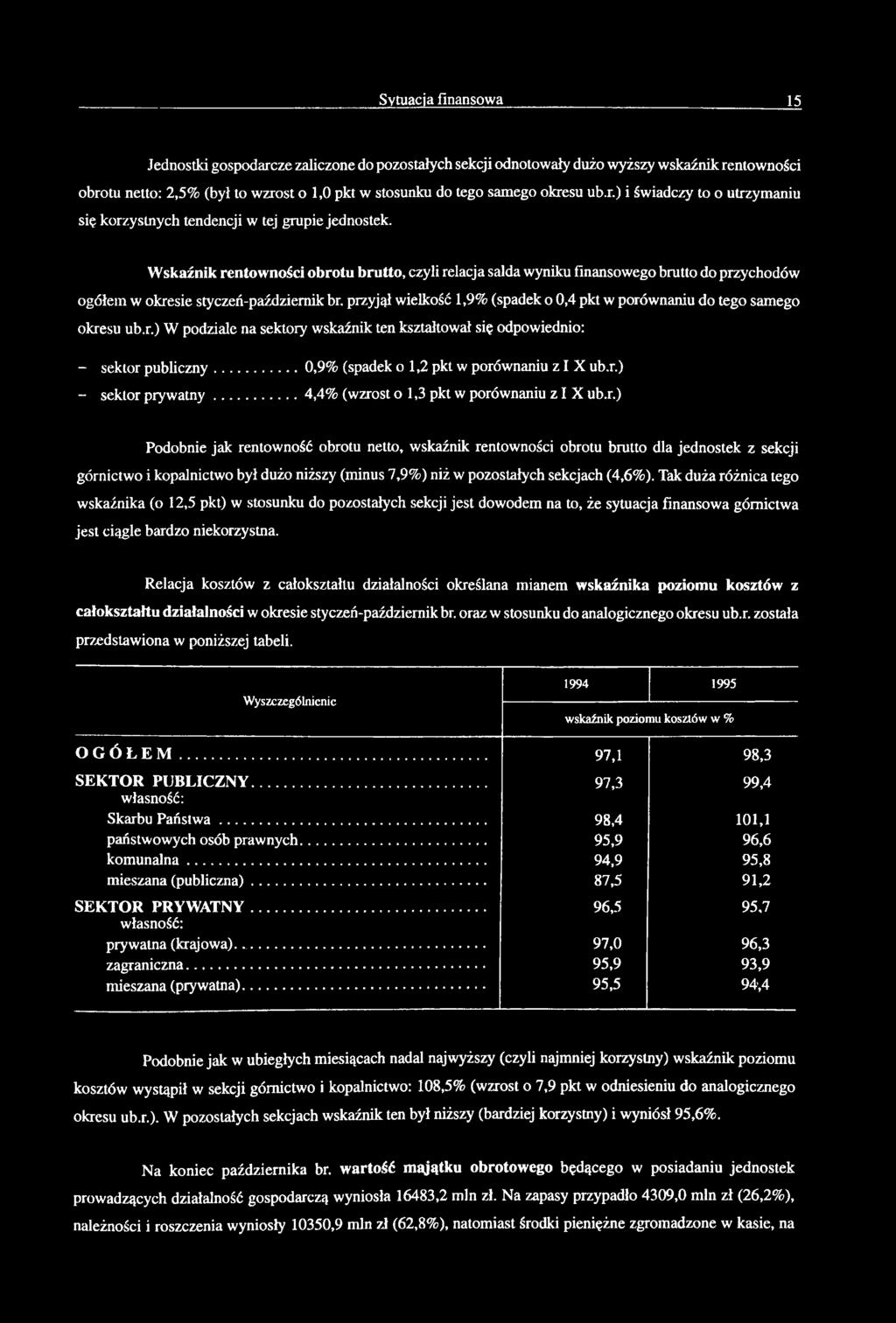 r.) W podzile n sektory wskźnik ten ksztłtowł się odpowiednio: - sektor puliczny...0,9% (spdek o 1,2 pkt w porównniu z I u.r.) - sektor pryw tny...4,4% (wzrost o 1,3 pkt w porównniu z I u.r.) Podonie jk rentowność orotu netto, wskźnik rentowności orotu rutto dl jednostek z sekcji górnictwo i koplnictwo ył dużo niższy (minus 7,9%) niż w pozostłych sekcjch (4,6%).