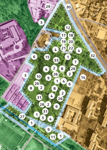 Oraz dodatkowo WARIANT 1 na obrzeżach parku elementy infrastruktury sportowej (ścieżki rowerowe), strefa rodzinna, punkty gastronomiczne i toalety WARIANT 2 ogrodzenie parku żywopłotem, wyznaczenie