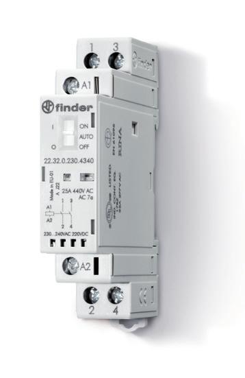 SERIA SERIA Kod zamówienia Przykład: Seria, stycznik modułowy 25 A, 4 zestyki zwierne, cewka 230 V AC/DC, materiał zestyków AgSnO 2, przełącznik wyboru funkcji AUTO-ON-OFF + mechaniczny wskaźnik