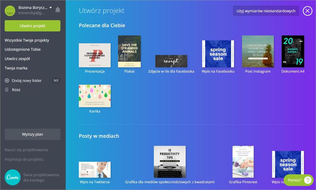 Przejdziemy na stronę główną naszego konta, gdzie w środkowej części strony znajdziemy polecane dla nas typy projektów, jakie możemy stworzyć dzięki Canva.