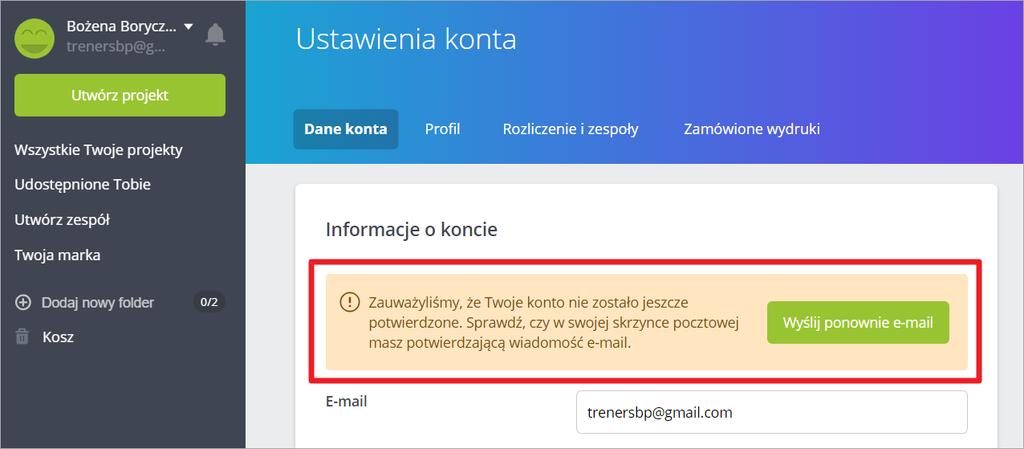 W zakładce Informacje o koncie możemy zmienić hasło dostępu do konta, wybrać język i zawód (nie jest wymagane), a także usunąć konto.