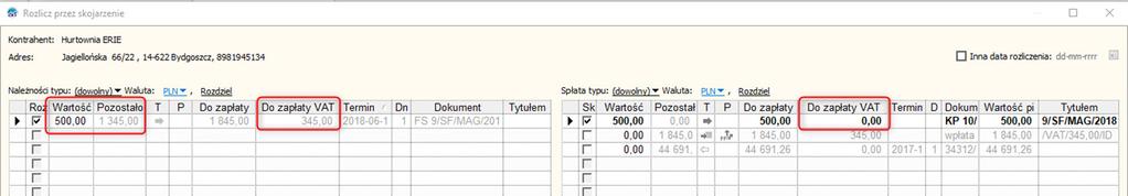 Aby użyć spłat wypisanych z rodzajem podzielona płatność, należy korzystać z opcji rozliczania Rozlicz wybrany przez skojarzenie.