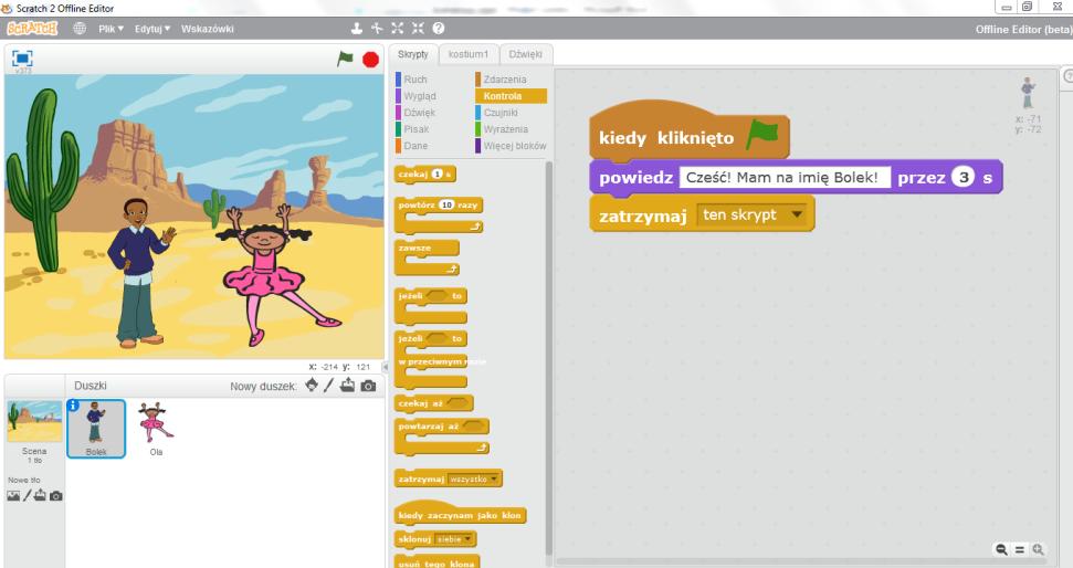 Kopiowanie skryptów Gdy klikniemy naszego drugiego duszka Olę pod sceną (zaznaczymy go niebieską ramką) pojawi się w obszarze roboczym po prawej stronie skopiowany skrypt.
