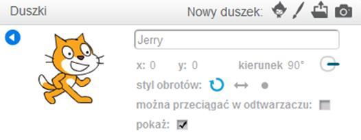 W górnym prawym rogu sceny znajdują się dwie ikony. Zielona flaga uruchamia napisany przez nas program, a czerwony znak zatrzymuje.